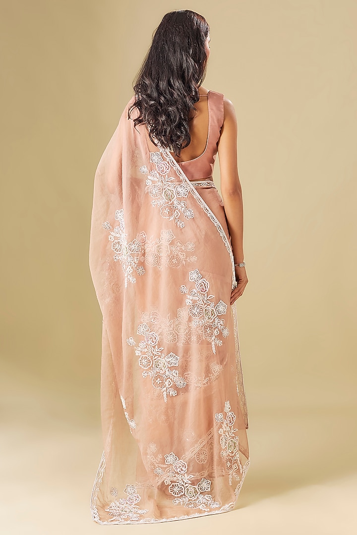 Dusty Rose Tulle Thread Embellished Wedding Saree Set by FATIZ at Pernia's Pop Up Shop