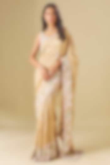 Gold Tissue Georgette Thread Hand Embellishment Wedding Saree Set by FATIZ at Pernia's Pop Up Shop