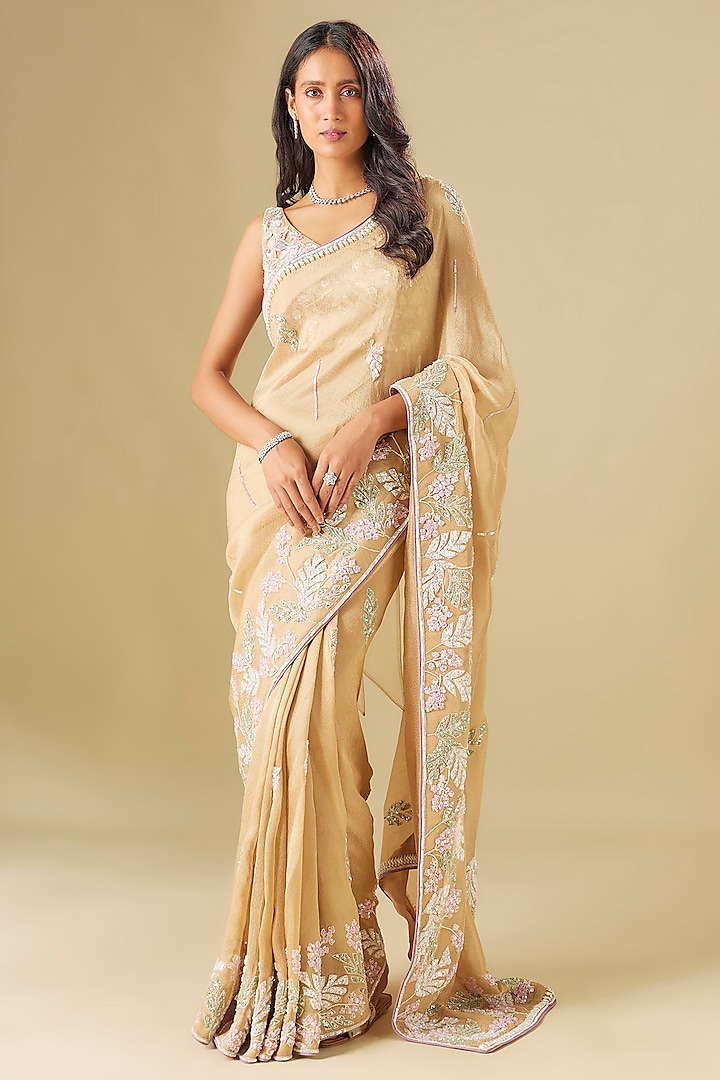 Gold Tissue Georgette Thread Hand Embellishment Wedding Saree Set by FATIZ at Pernia's Pop Up Shop