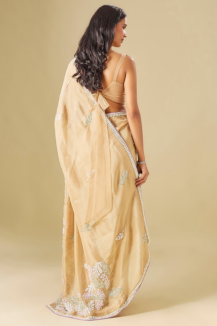 Gold Tissue Georgette Thread Hand Embellishment Wedding Saree Set by FATIZ at Pernia's Pop Up Shop
