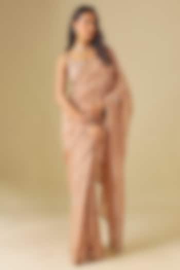 Dusty Rose Silk Organza Sequins Hand Embroidered Wedding Saree Set by FATIZ at Pernia's Pop Up Shop
