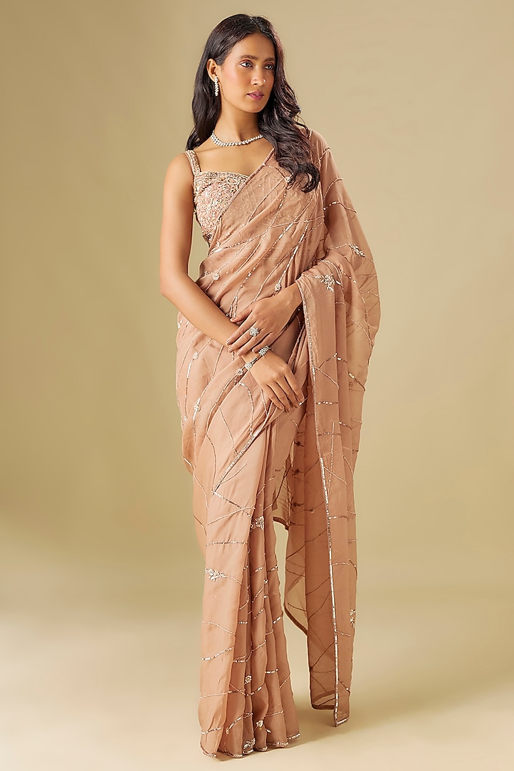 Dusty Rose Silk Organza Sequins Hand Embroidered Wedding Saree Set by FATIZ at Pernia's Pop Up Shop