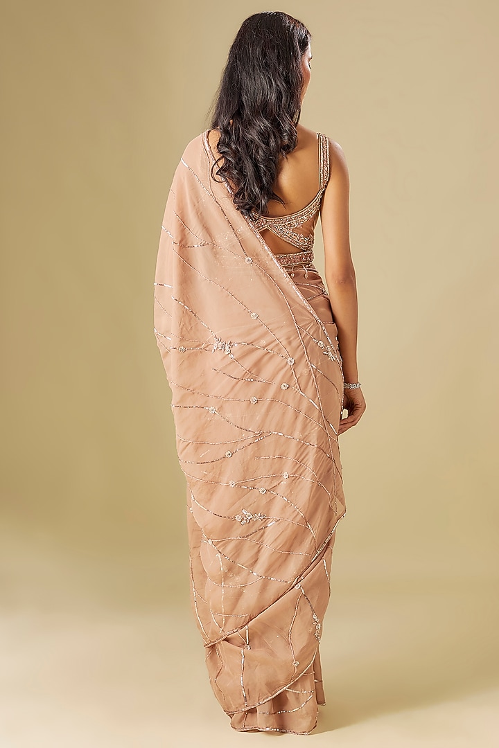 Dusty Rose Silk Organza Sequins Hand Embroidered Wedding Saree Set by FATIZ at Pernia's Pop Up Shop