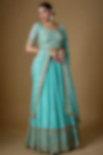 Turquoise Tissue Georgette Zardosi Embellished Lehenga Set by FATIZ