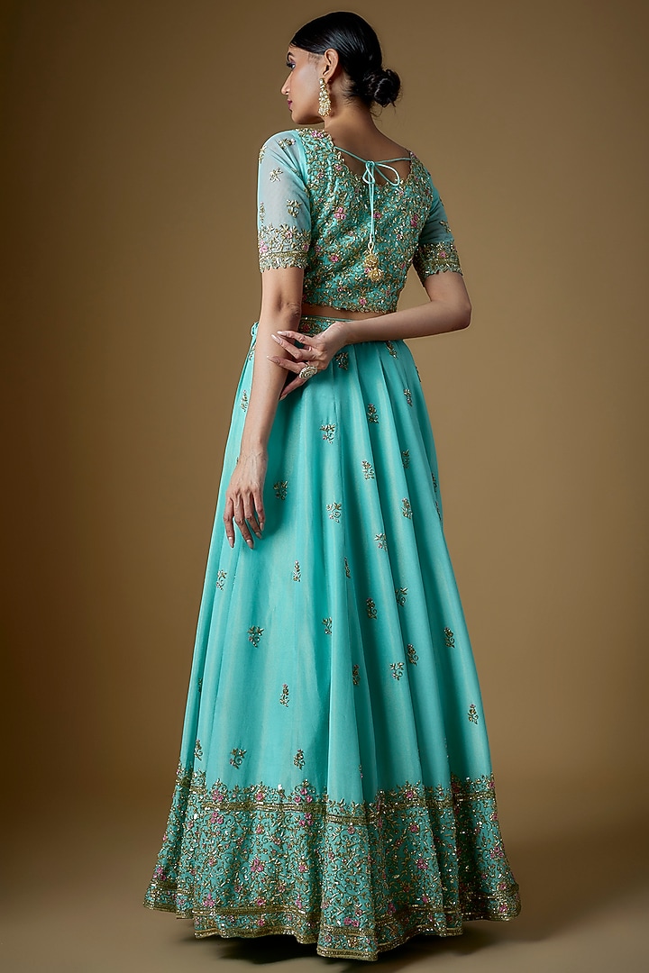 Turquoise Tissue Georgette Zardosi Embellished Wedding Lehenga Set by FATIZ at Pernia's Pop Up Shop