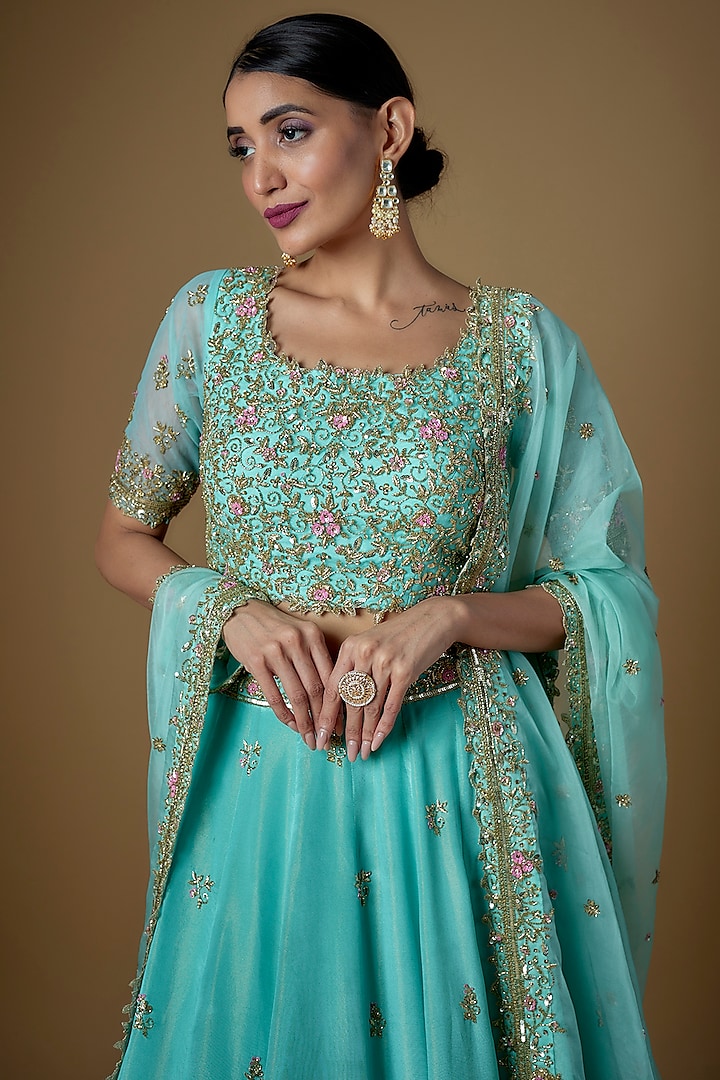 Turquoise Tissue Georgette Zardosi Embellished Wedding Lehenga Set by FATIZ at Pernia's Pop Up Shop