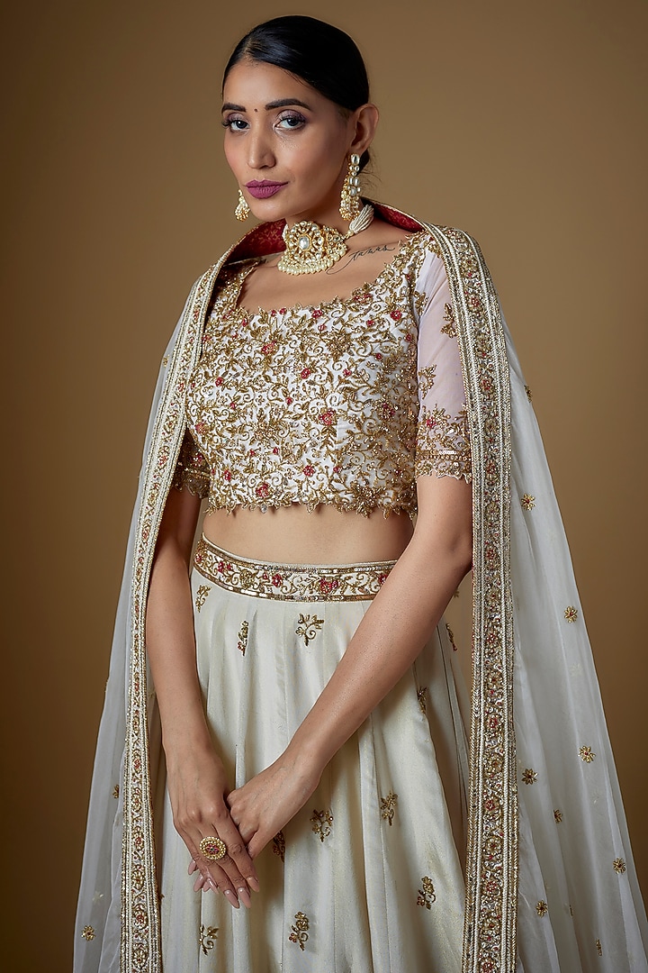 Ivory Tissue Georgette Zardosi Embellished Wedding Lehenga Set by FATIZ at Pernia's Pop Up Shop