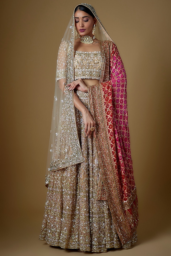 Champagne Gold Tulle Beads Embellished Bridal Lehenga Set by FATIZ at Pernia's Pop Up Shop