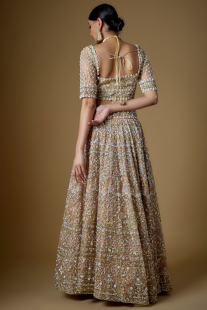 Champagne Gold Tulle Beads Embellished Bridal Lehenga Set by FATIZ at Pernia's Pop Up Shop