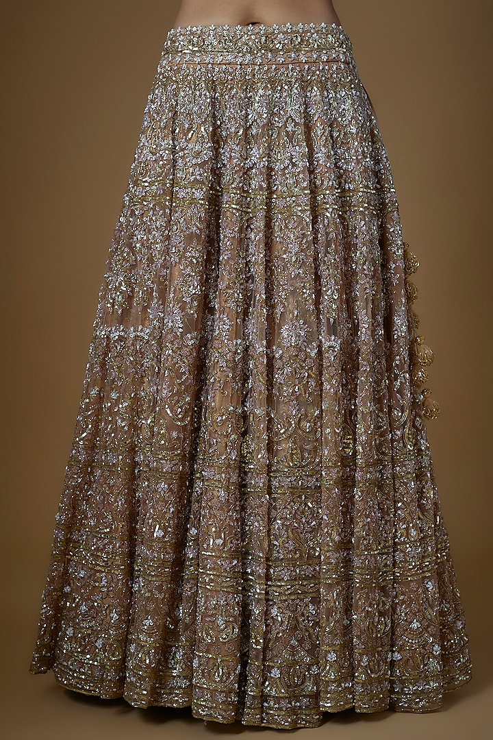 Champagne Gold Tulle Beads Embellished Bridal Lehenga Set by FATIZ at Pernia's Pop Up Shop