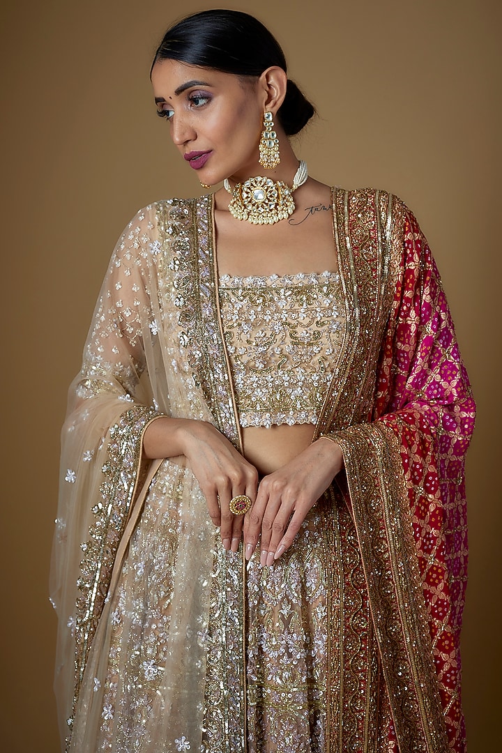 Champagne Gold Tulle Beads Embellished Bridal Lehenga Set by FATIZ at Pernia's Pop Up Shop