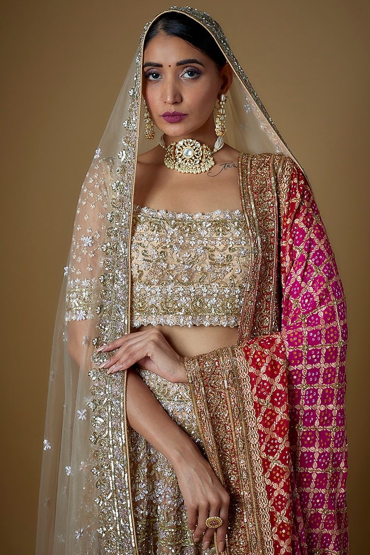 Champagne Gold Tulle Beads Embellished Bridal Lehenga Set by FATIZ at Pernia's Pop Up Shop