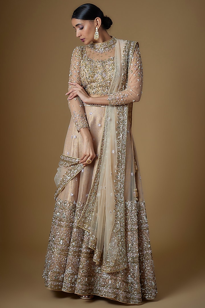 Champagne Gold Tulle Embroidered Lehenga Set by FATIZ