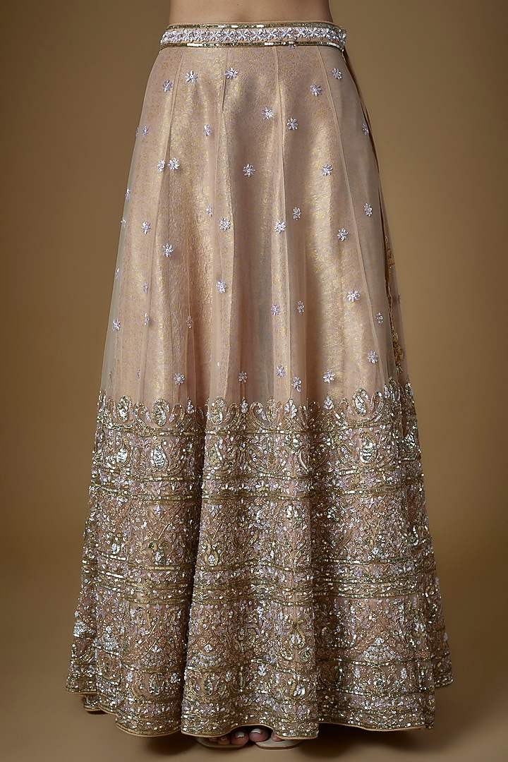 Champagne Gold Tulle Embroidered Bridal Lehenga Set by FATIZ at Pernia's Pop Up Shop
