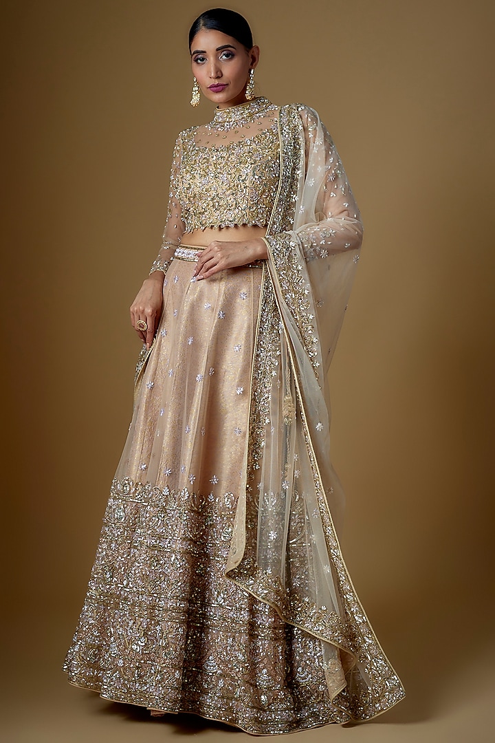 Champagne Gold Tulle Embroidered Bridal Lehenga Set by FATIZ at Pernia's Pop Up Shop