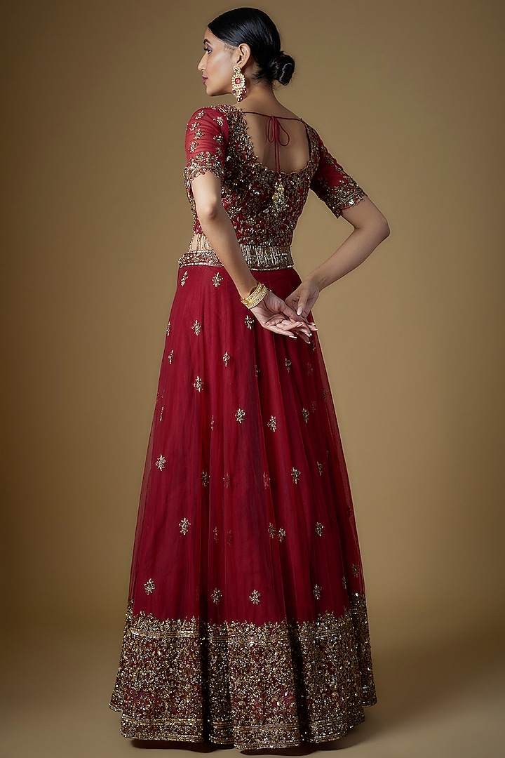 Red Tulle Embellished Wedding Lehenga Set by FATIZ at Pernia's Pop Up Shop