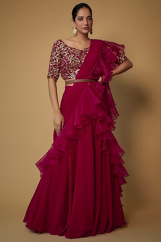 Reddish-Pink Georgette & Tulle Lehenga Set by FATIZ