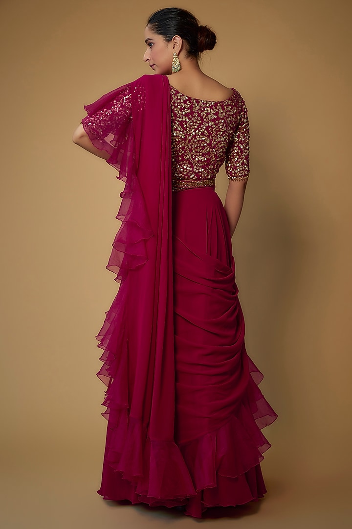 Reddish-Pink Georgette & Tulle Lehenga Set by FATIZ at Pernia's Pop Up Shop