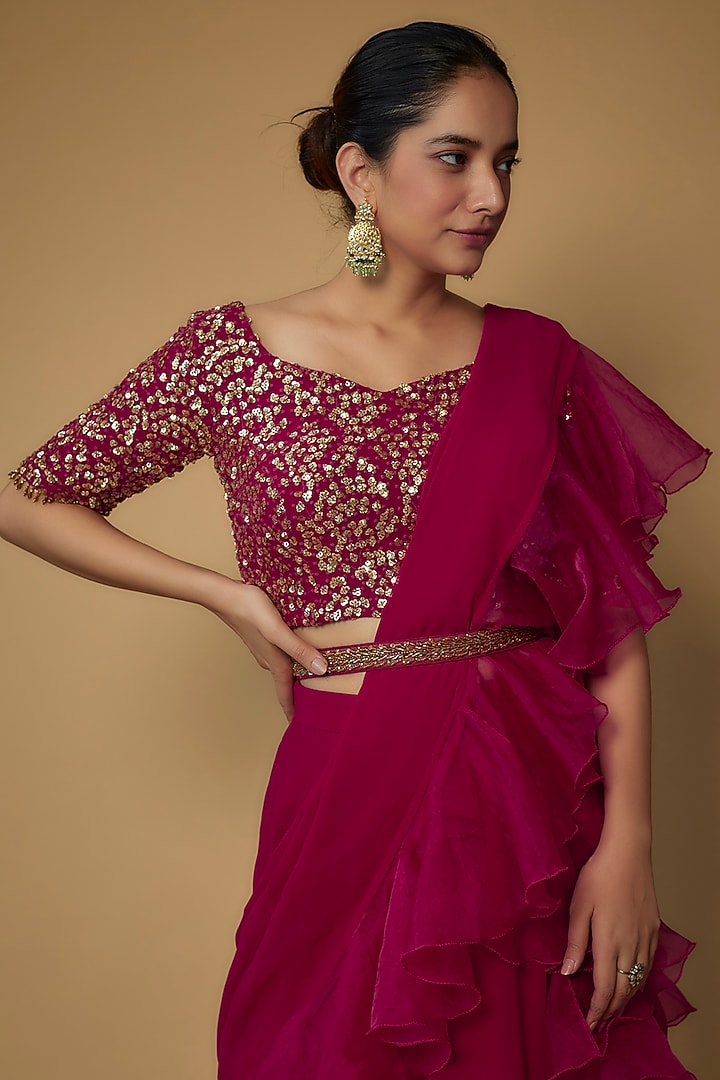 Reddish-Pink Georgette & Tulle Lehenga Set by FATIZ at Pernia's Pop Up Shop