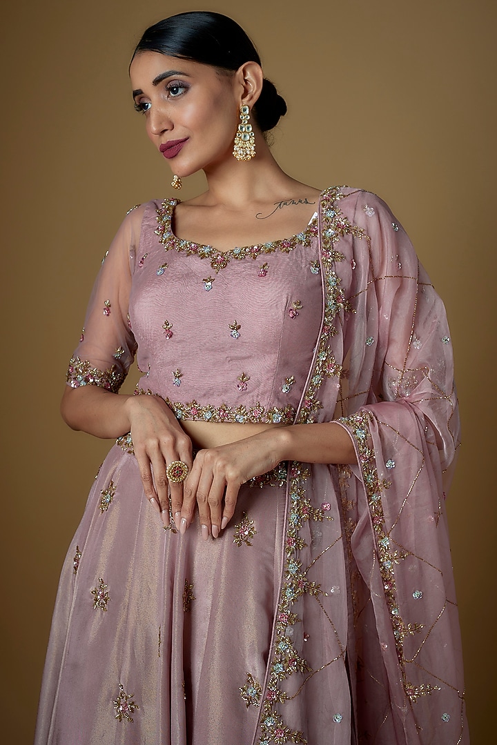 Blush Pink Tissue Georgette Embroidered Wedding Lehenga Set by FATIZ at Pernia's Pop Up Shop