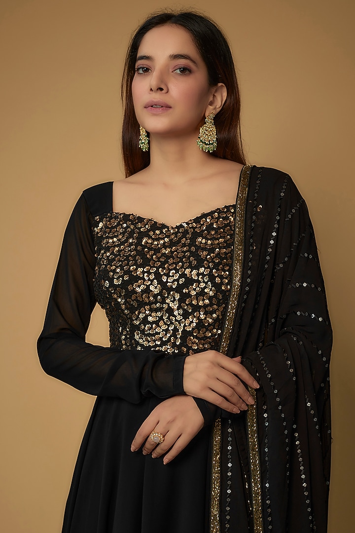 Black Georgette Embroidered Party Wear Anarkali Set by FATIZ at Pernia's Pop Up Shop