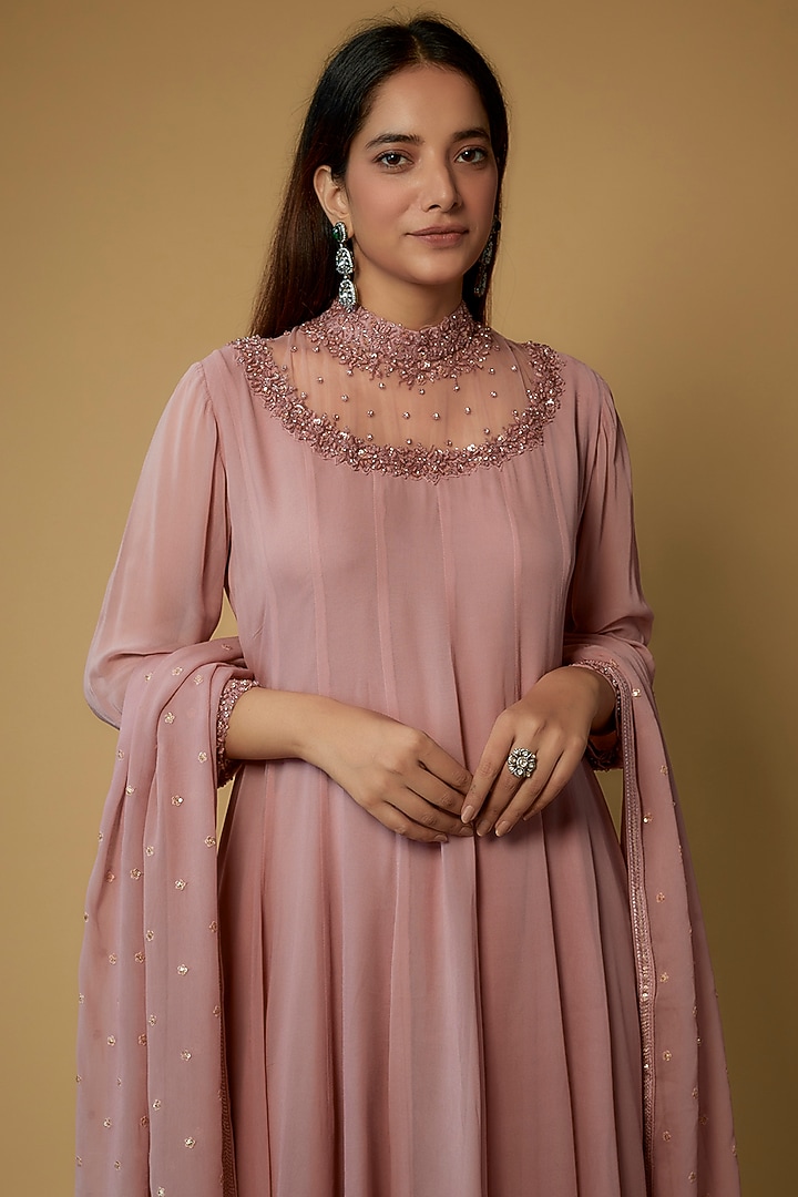 Watermelon Pink Embroidered Party Wear Anarkali Set by FATIZ at Pernia's Pop Up Shop