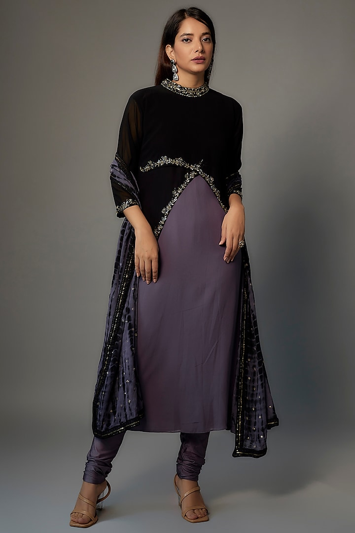 Black & Grape Grey Georgette Embroidered Anarkali Set by FATIZ at Pernia's Pop Up Shop