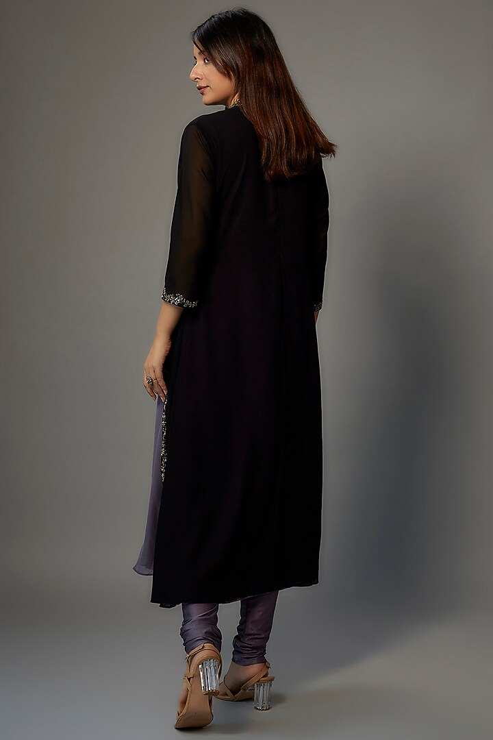 Black & Grape Grey Georgette Embroidered Party Wear Anarkali Set by FATIZ at Pernia's Pop Up Shop