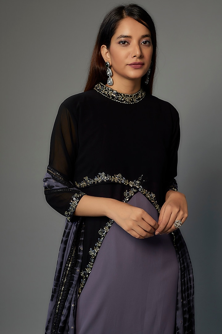 Black & Grape Grey Georgette Embroidered Party Wear Anarkali Set by FATIZ at Pernia's Pop Up Shop