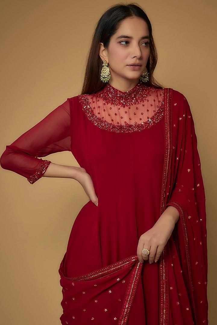 Deep Red Georgette Embroidered Party Wear Anarkali Set by FATIZ at Pernia's Pop Up Shop