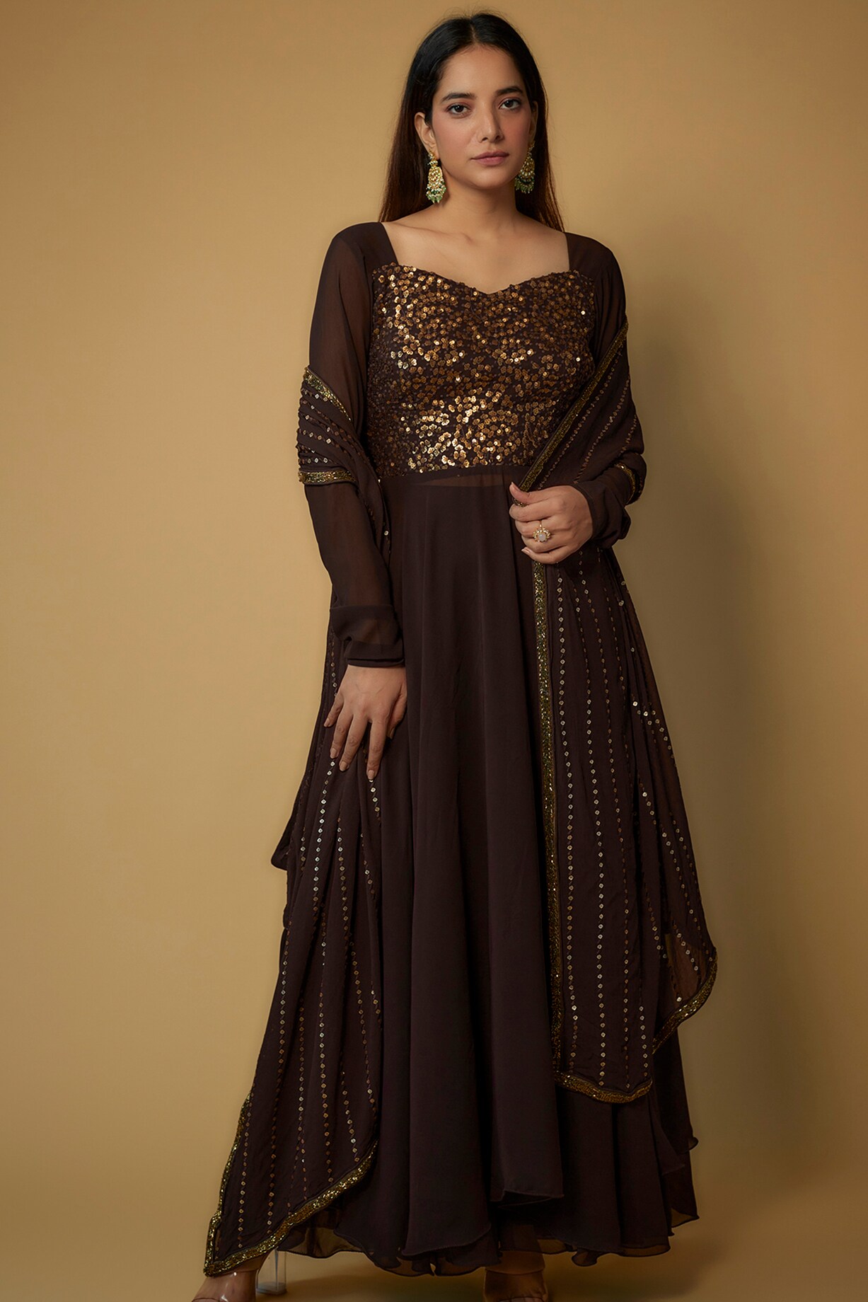 chinese dress ladies Enthralling Sequin Embroidered Coffee Color Gown with Design