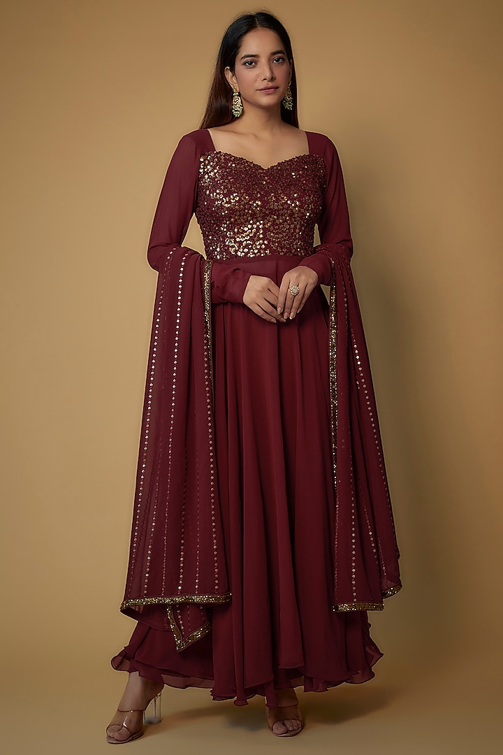 Maroon Georgette Embroidered Anarkali Set by FATIZ at Pernia's Pop Up Shop