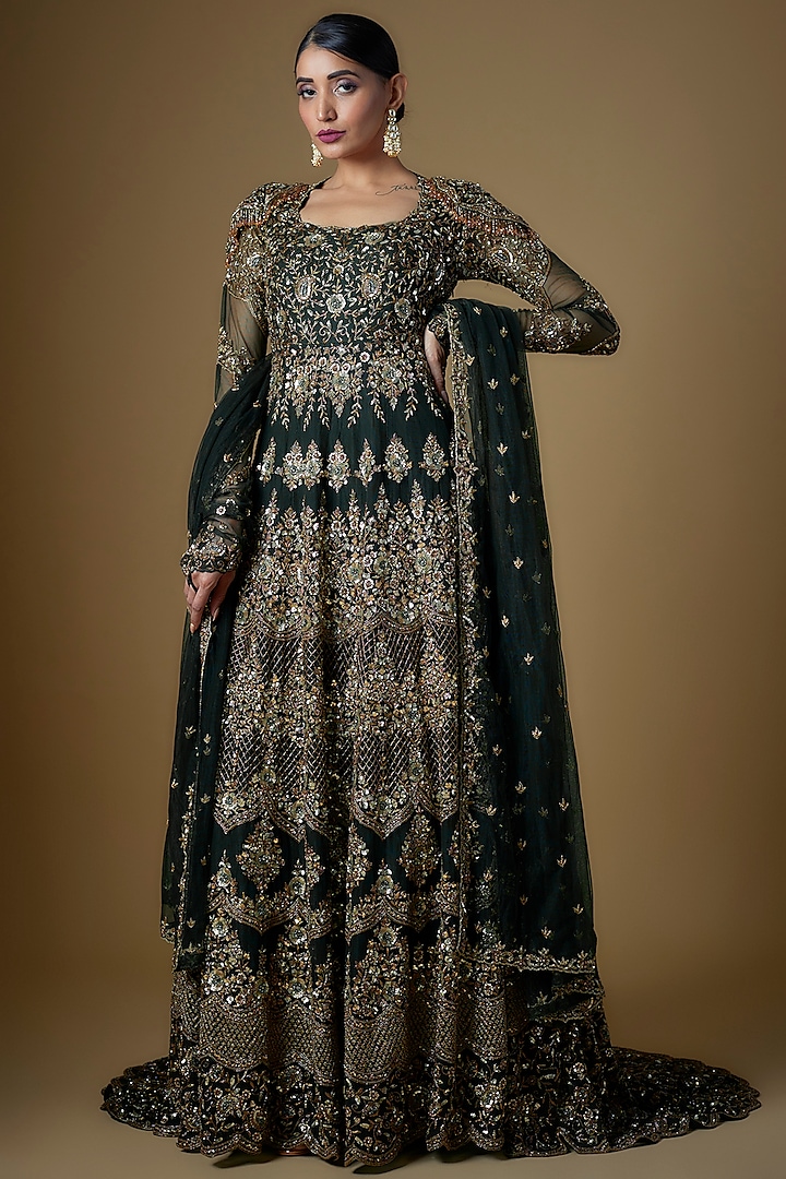 Bottle Green Tulle Embellished Gown With Dupatta by FATIZ