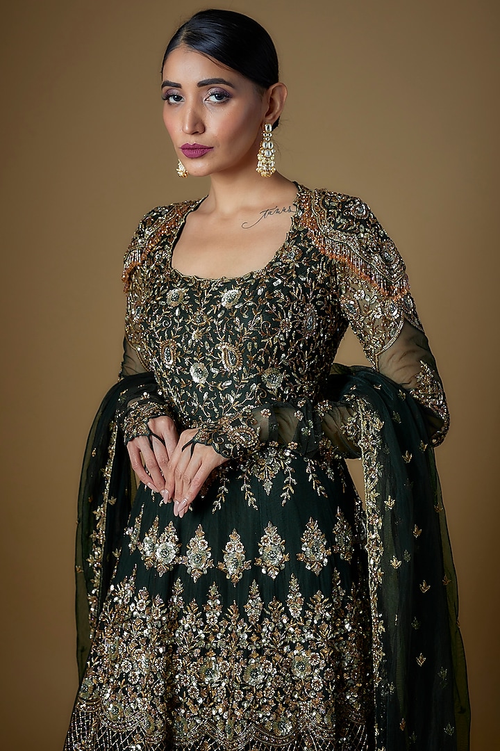 Bottle Green Tulle Embellished Bridal Gown With Dupatta by FATIZ at Pernia's Pop Up Shop