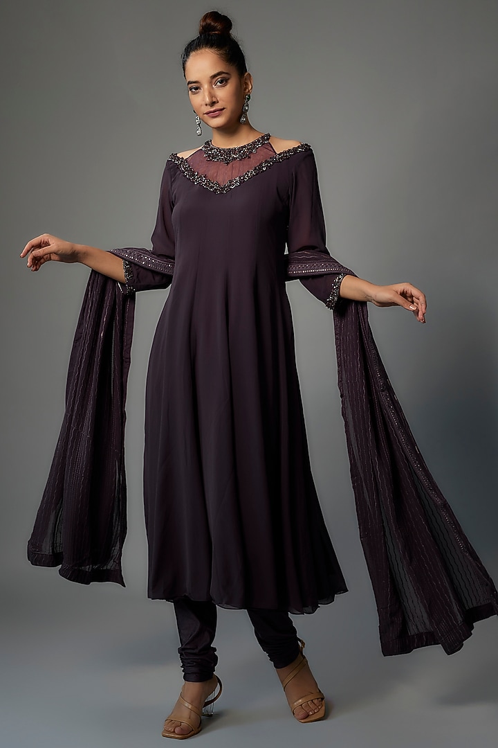 Purple Georgette Embroidered Party Wear Anarkali Set by FATIZ at Pernia's Pop Up Shop