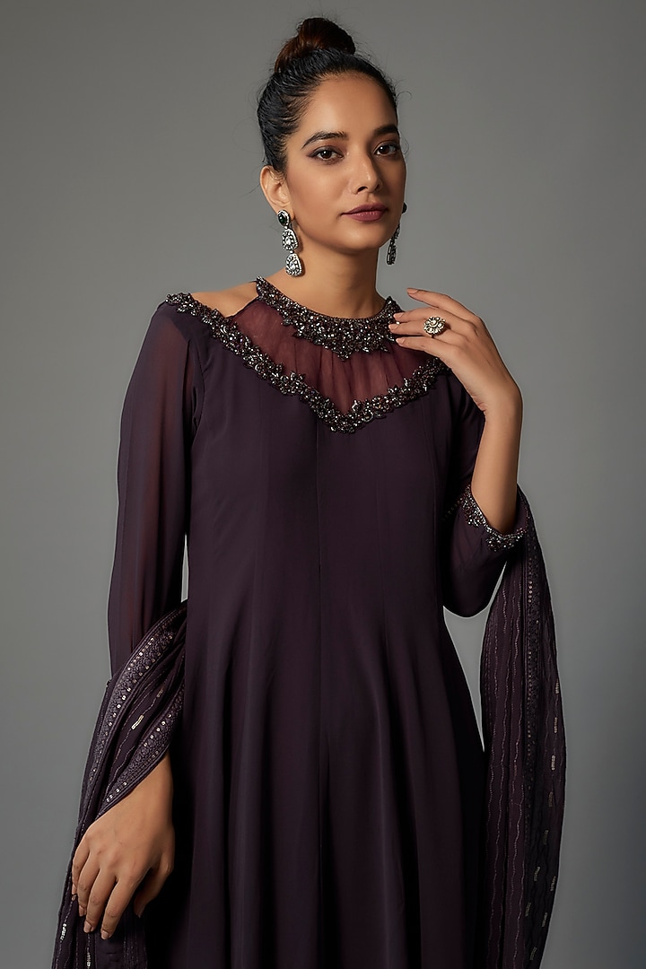 Purple Georgette Embroidered Party Wear Anarkali Set by FATIZ at Pernia's Pop Up Shop