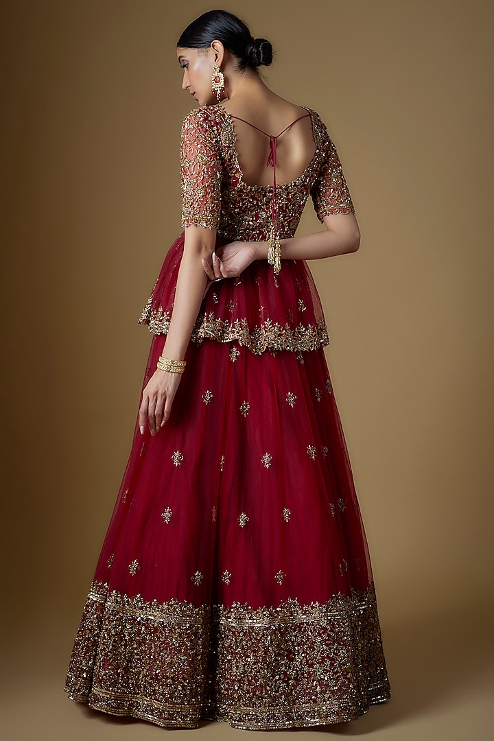 Chilli Red Tulle Embroidered Wedding Lehenga Set by FATIZ at Pernia's Pop Up Shop