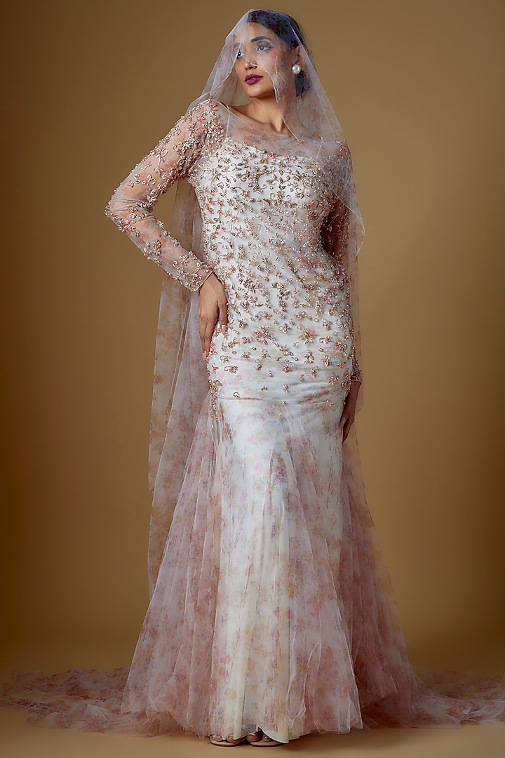 White Tulle Floral Printed & Crystal Embroidered Gown With Veil by FATIZ at Pernia's Pop Up Shop