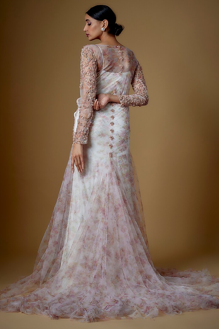 White Tulle Floral Printed & Crystal Embroidered Wedding Gown With Veil by FATIZ at Pernia's Pop Up Shop