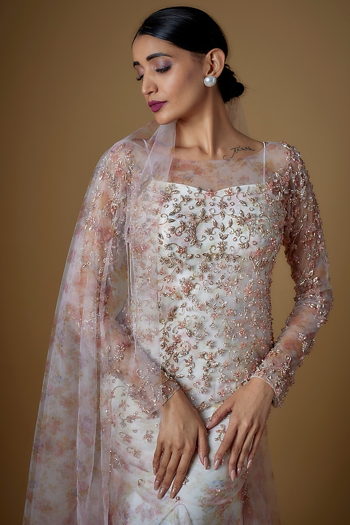 White Tulle Floral Printed & Crystal Embroidered Wedding Gown With Veil by FATIZ at Pernia's Pop Up Shop