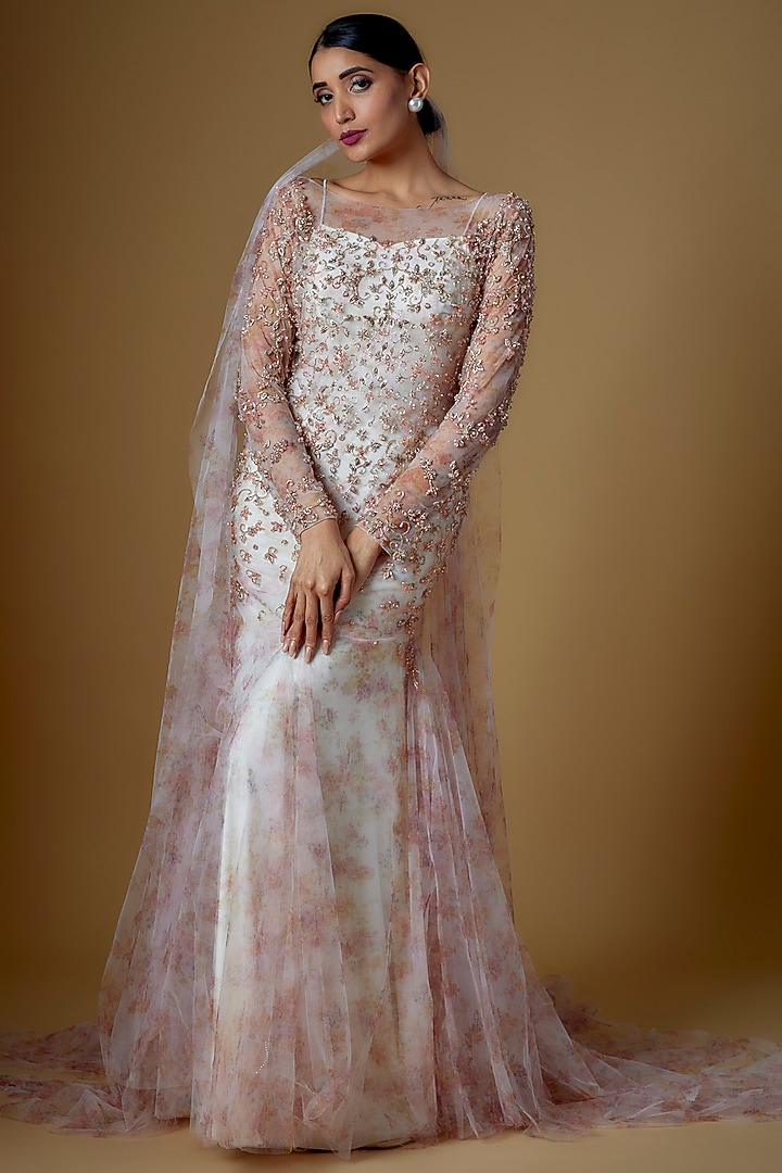 White Tulle Floral Printed & Crystal Embroidered Wedding Gown With Veil by FATIZ at Pernia's Pop Up Shop