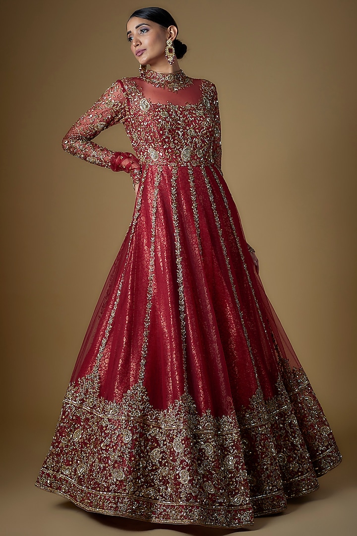 Red Tulle Embellished Gown by FATIZ