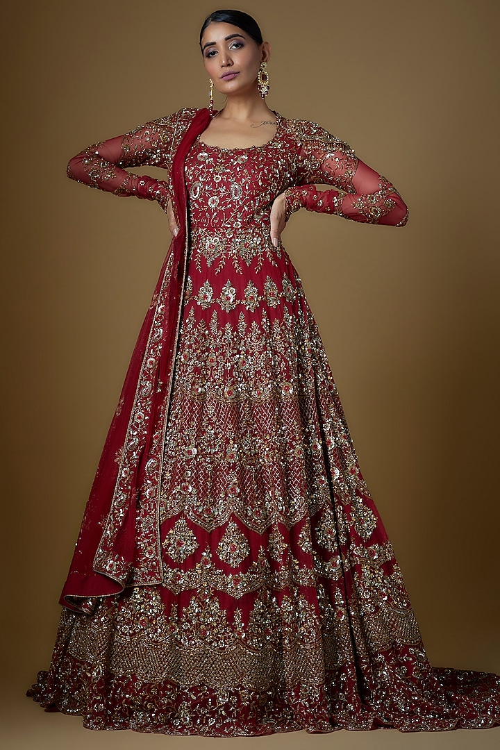 Red Tulle Embellished Gown With Dupatta by FATIZ