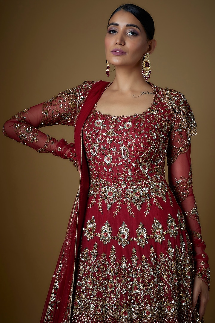 Red Tulle Embellished Bridal Gown With Dupatta by FATIZ at Pernia's Pop Up Shop