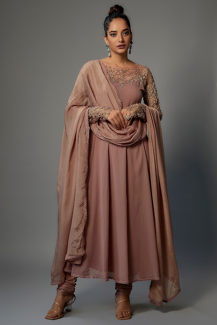 Dusty Rose Georgette Embroidered Party Wear Anarkali Set by FATIZ at Pernia's Pop Up Shop