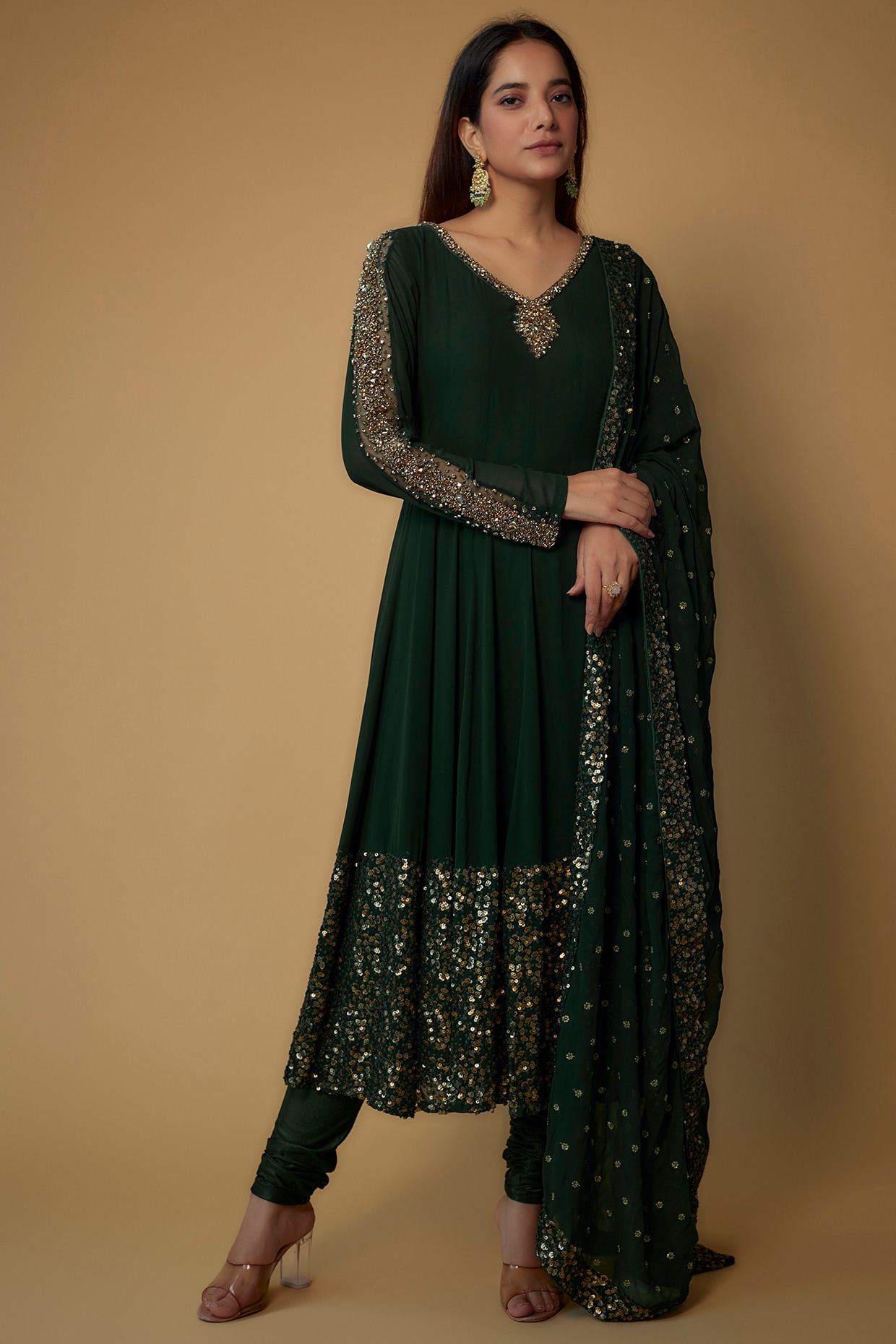 Buy Dark Green Georgette Mirror Embroidered Anarkali Suit Party Wear Online  at Best Price | Cbazaar