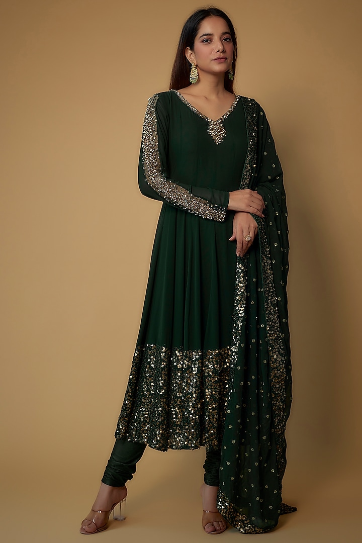 Bottle Green Georgette Embroidered Anarkali Set by FATIZ