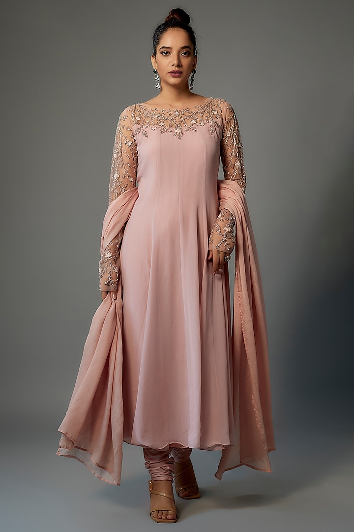 Blush Pink Georgette Embellished Anarkali Set by FATIZ