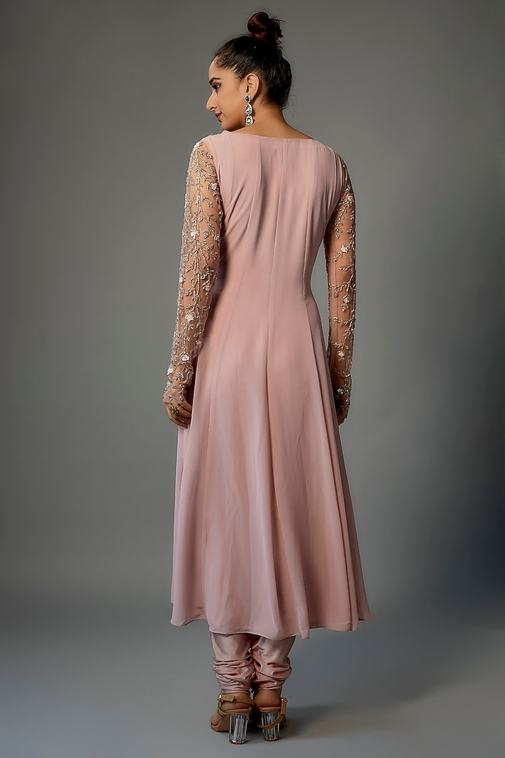 Blush Pink Georgette Embellished Party Wear Anarkali Set by FATIZ at Pernia's Pop Up Shop