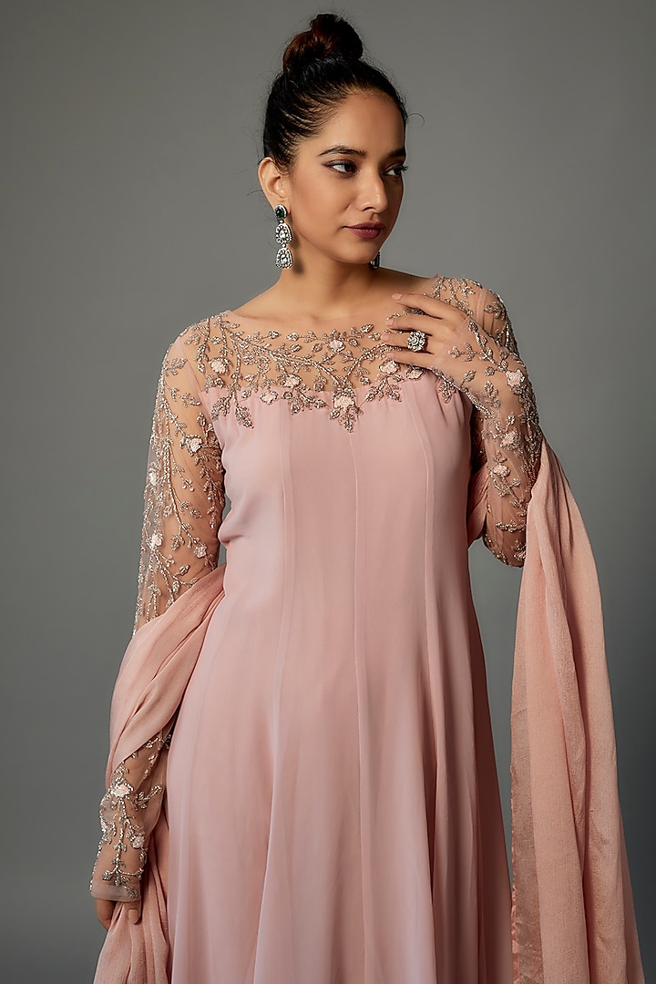 Blush Pink Georgette Embellished Party Wear Anarkali Set by FATIZ at Pernia's Pop Up Shop